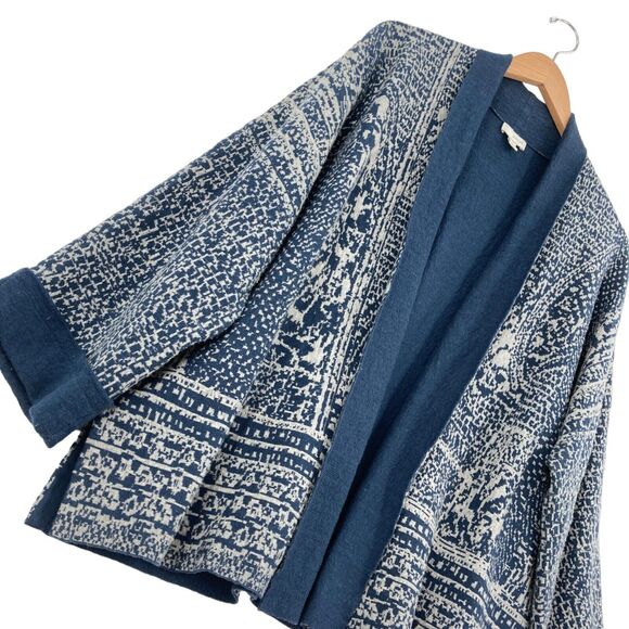 Pure Jill Cardigan Sweater Womens Medium Blue White Geo Print Cotton Open Front - Picture 6 of 16